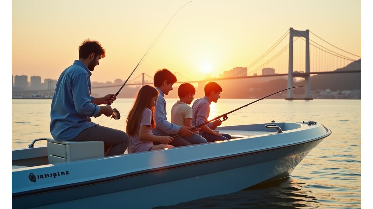 東京湾の夕暮れ時、専門家ガイドと共に釣りに興じる家族のシルエット。海は穏やかで、遠景には都市の明かりが灯る。