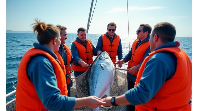 企業研修の一環として、参加者たちが協力して大きな魚を上げようとしている様子。チームワークが強調されている。