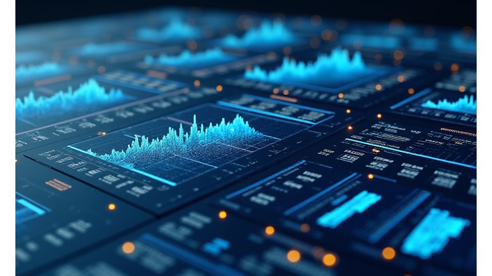 複雑な海洋生態系データがインタラクティブなダッシュボードに表示されており、グラフ、地図、指標が統合されている。AIや機械学習のロゴがデータの背後で光り、高度な解析能力を示唆。