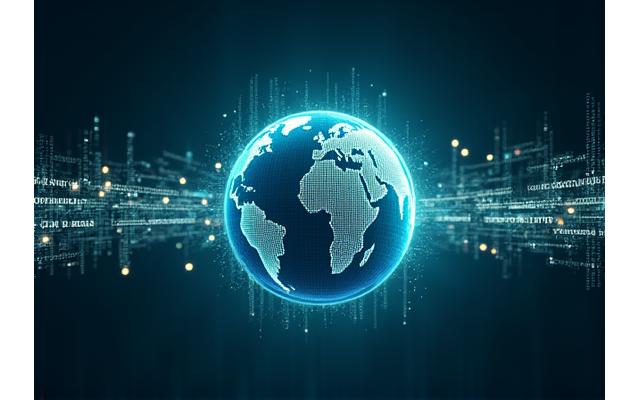 ウェブサイトのコンテンツ作成や知的所有権を象徴する、デジタルデータと地球のビジュアルが融合した抽象的なイラスト。