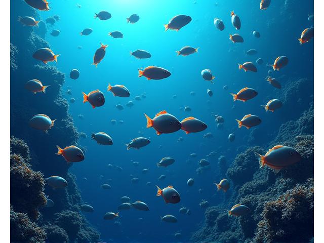 色鮮やかな深海魚が群れをなす、透明度の高い海中写真。下部にはモダンなデータ分析のUIが重ねられ、未利用魚の潜在的価値が視覚的に表現されている。