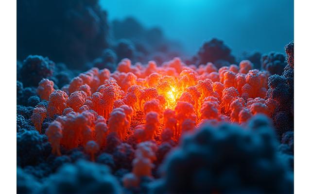 海底火山の熱水噴出孔周辺に群生する、鮮やかな赤色の新種深海エビの群れ